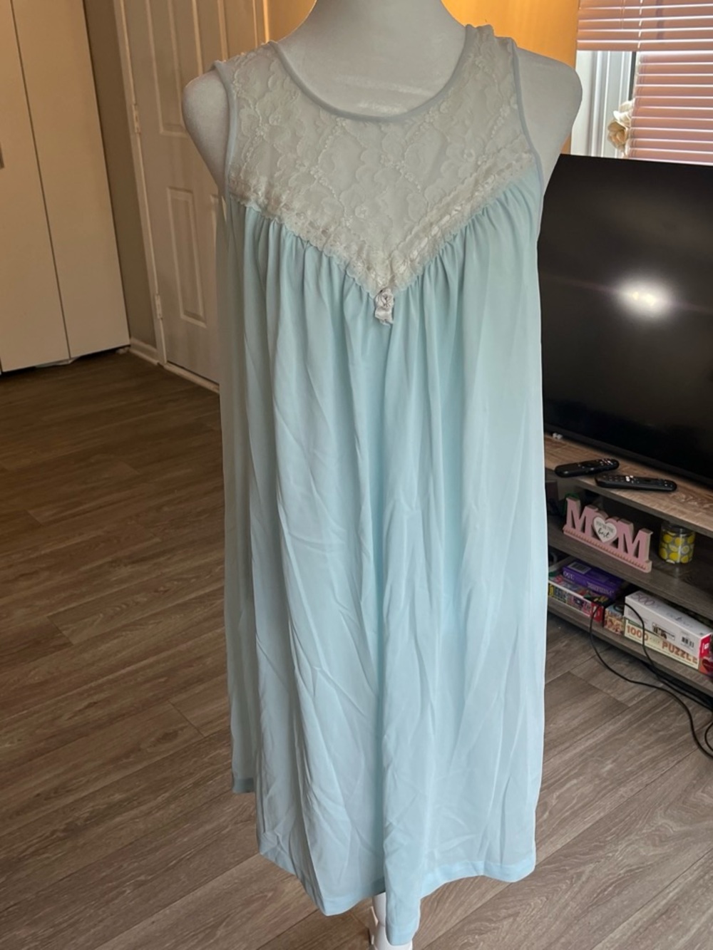 Women's Light Blue Lace Yoke Chemise - Sleeveless Nightdress